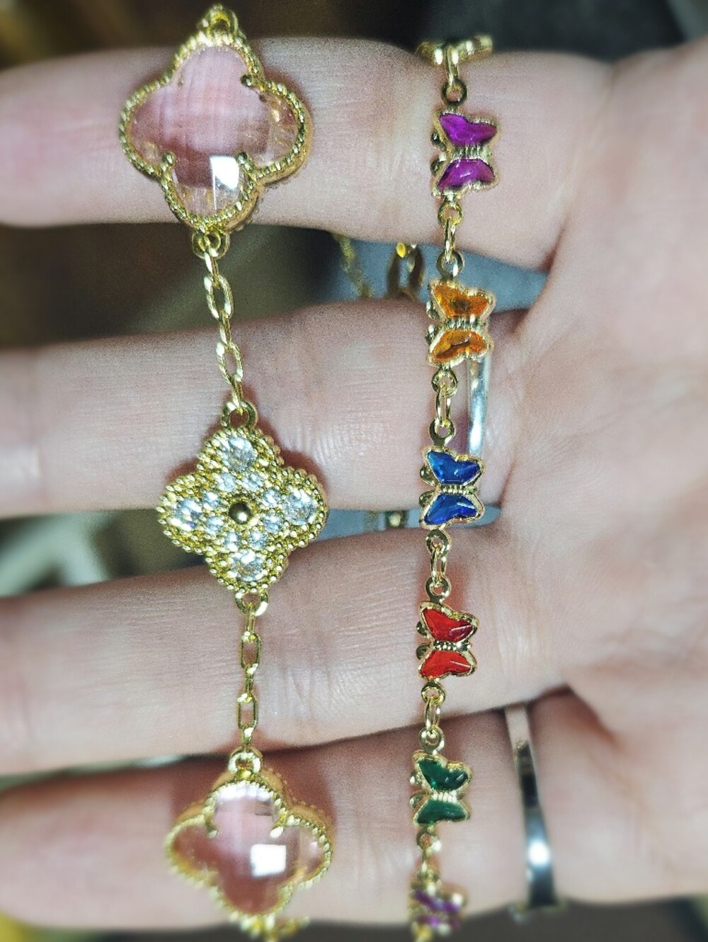 18k Gold Filled Multicolor Butterfly Chain Bracelet/Clover Duo